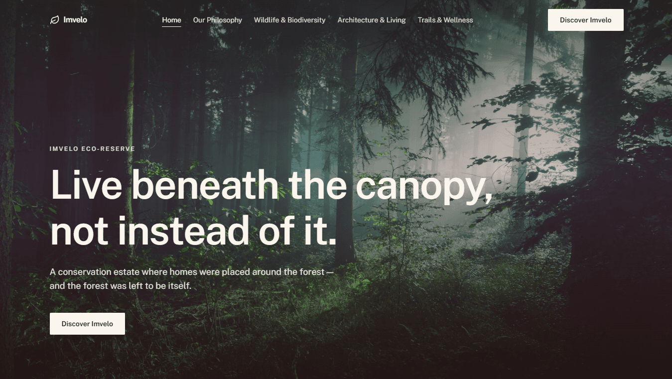 Homepage hero of the Imvelo Eco-Reserve concept: sunlight falling through a misty forest, under the headline Live beneath the canopy, not instead of it.