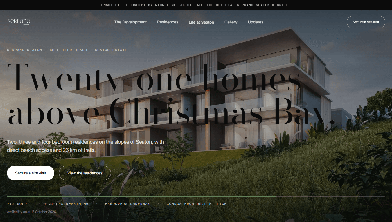 Homepage hero of the Serrano Seaton concept: a modern residential building on a green slope at dusk, under the headline Twenty one homes above Christmas Bay.